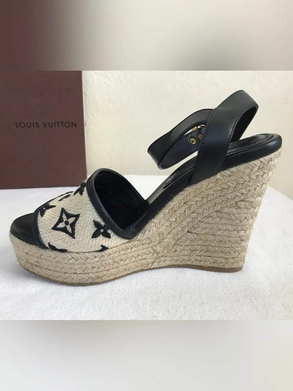 Louis Vuitton Black and Natural Monogram Espadrille Wedges - Picture 5 of 12